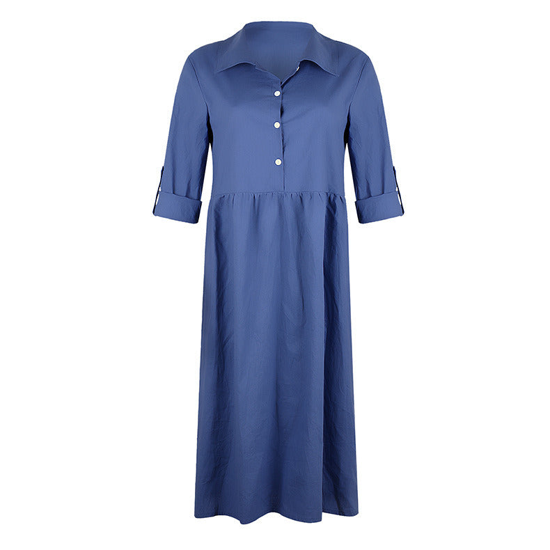 New Women's Solid Color Loose Button Mid-length Dress