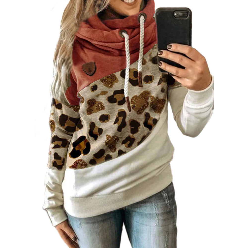 New Women's Clothing Printed Stitching Hooded Fleece Loose Sweater