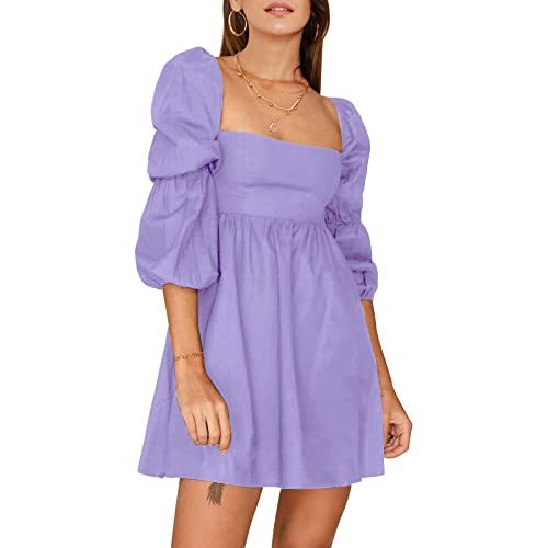 Womens Square Neck Dress Long Puff Sleeve A-Line Casual Short Mini Dress