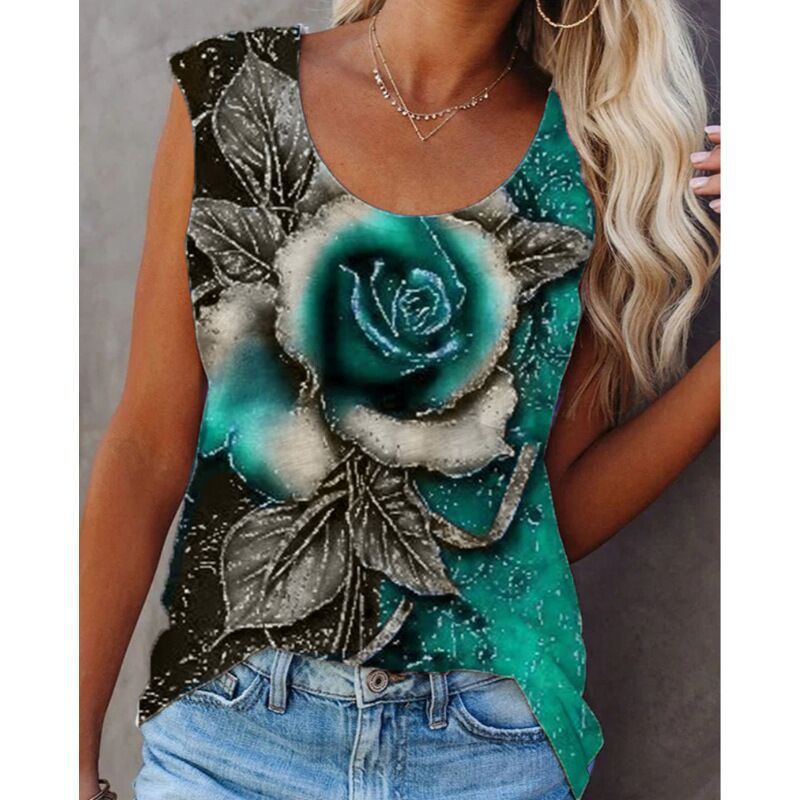 Women's Rose Flower Printed Women's Loose Vest Sleeveless Top