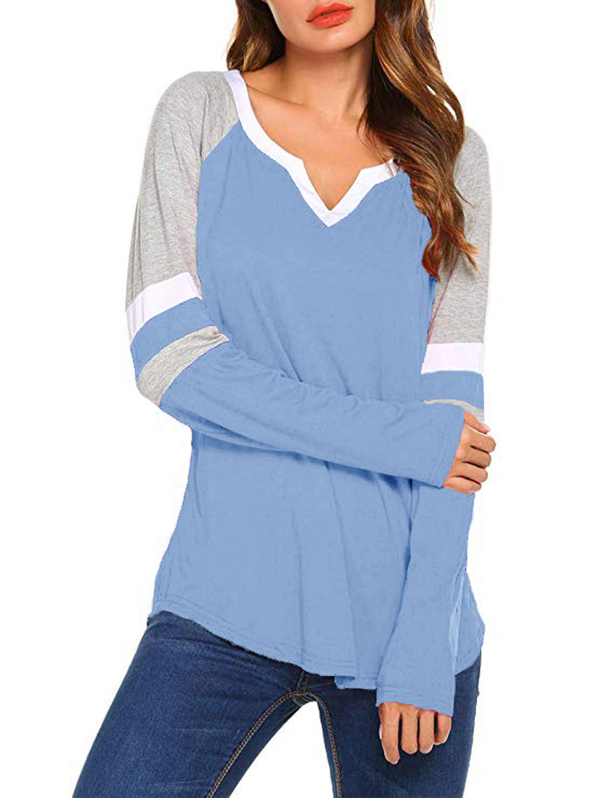 New Europe and America autumn and winter new stripe stitching solid color V-neck long sleeve