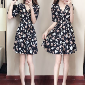 Summer Women's Waist Floral Dress Female Short-sleeved Girls Slim Beach Skirt