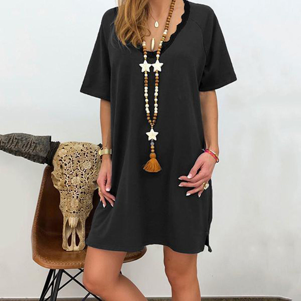 New Women's Lace Side V-neck Solid Color Casual Loose Dress