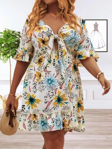 Plus Size Sexy Dress; Women's Plus Floral Print Lettuce Trim Bow Knot Front Half Sleeve Dress