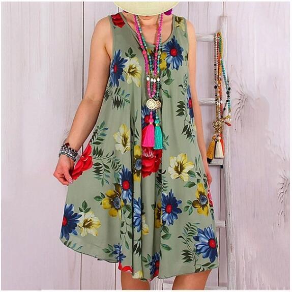 summer new women's loose thin round neck sleeveless long print dress