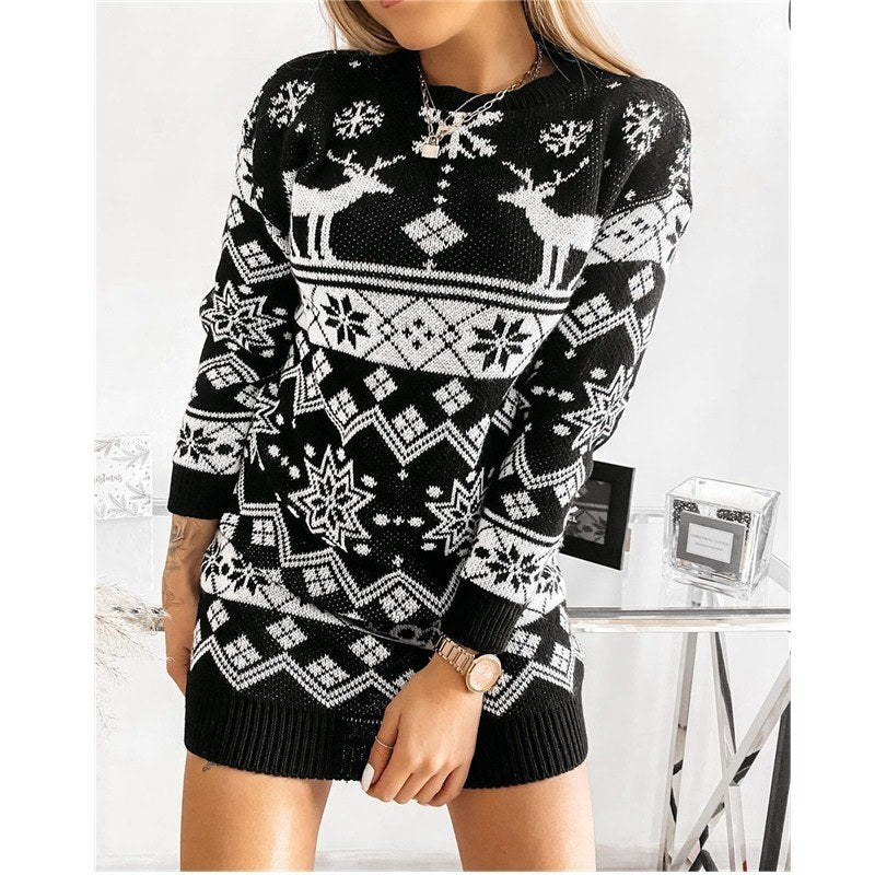 2021 Christmas Theme Ladies New Sweater Elk Snowflake Christmas Jacquard Knitted Dress