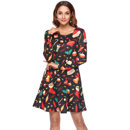 autumn and winter new European and American Christmas dress women's printed A word pocket dress