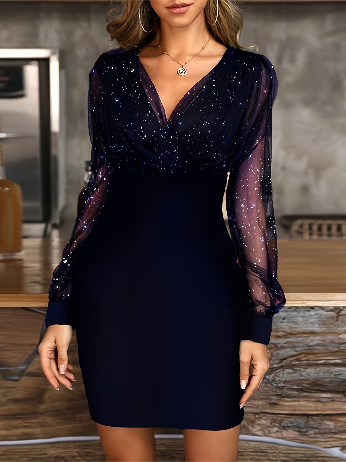 Solid Sequin Stitching Lace Long Sleeve Dress; Elegant Mesh Slim Sexy Party Dress; Women's Clothing