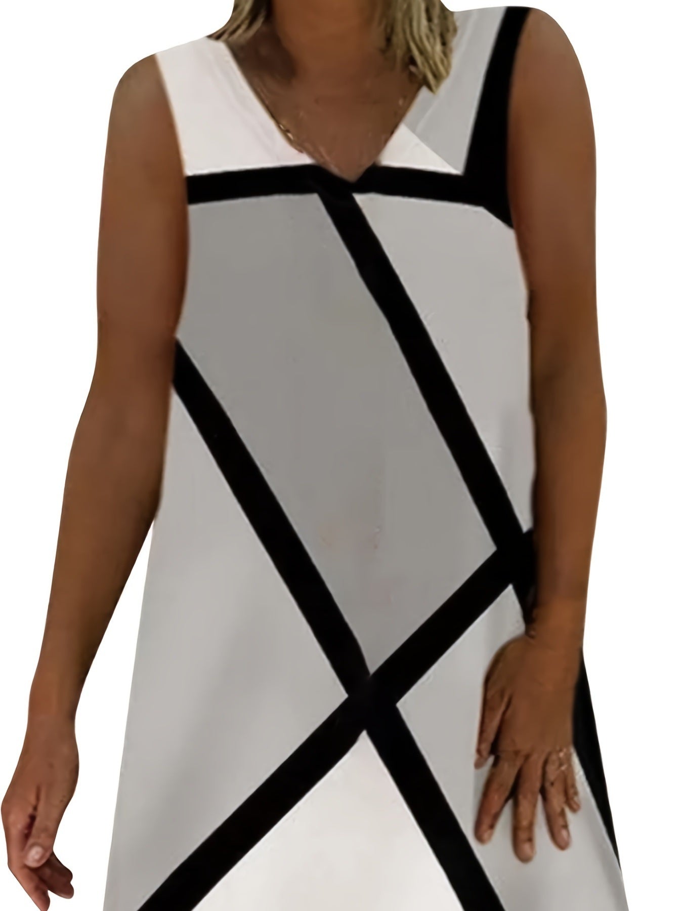 Plus Size Casual Tank Dress; Women's Plus Geometric Print V Neck Maxi Tank Dress