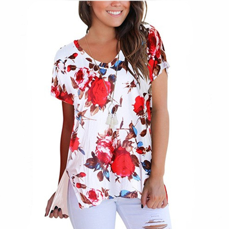 New women's V-neck print short front long split t-shirt