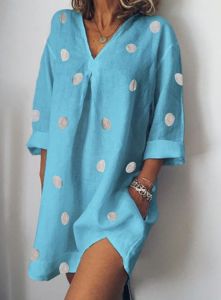 Spring and Summer Linen Loose V-neck Print Cropped Sleeves Split Dress