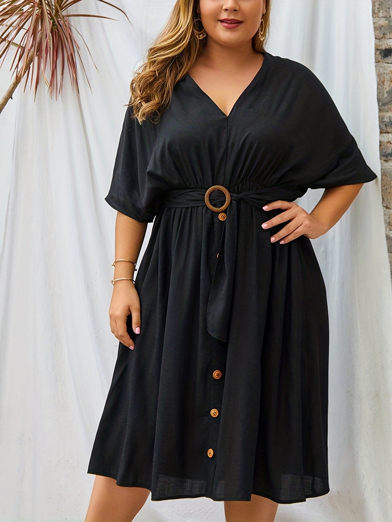 Size Batwing Button Decor V Neck Midi Dress With Belt; Women's Elegant Midi Dress