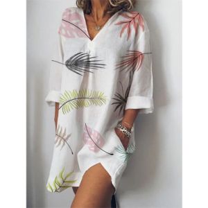 summer new women's V-neck leaf print pocket shirt dress