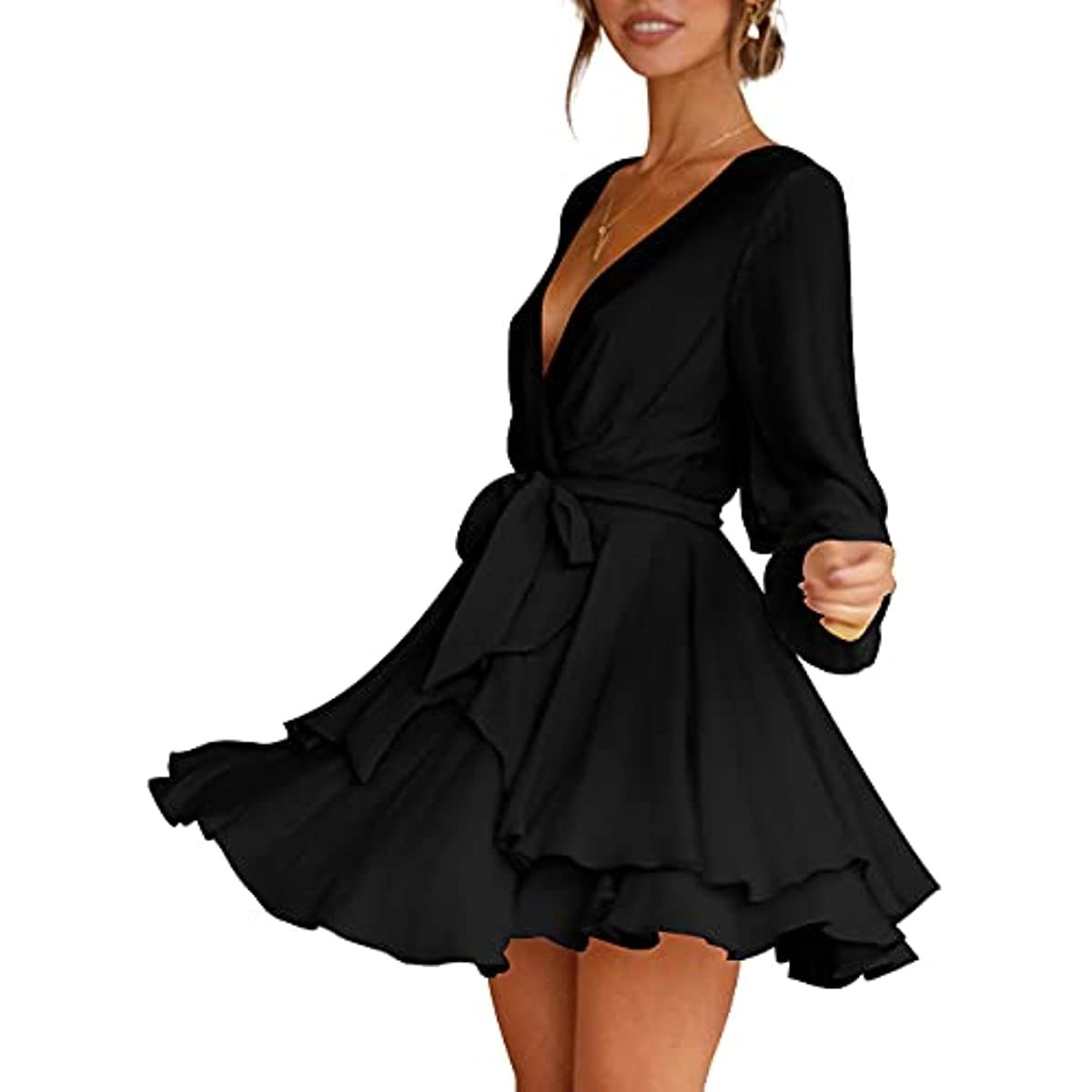 Women's Dress Deep V-Neck Long Sleeve Waist Tie Ruffle Mini Swing Skater Dresses