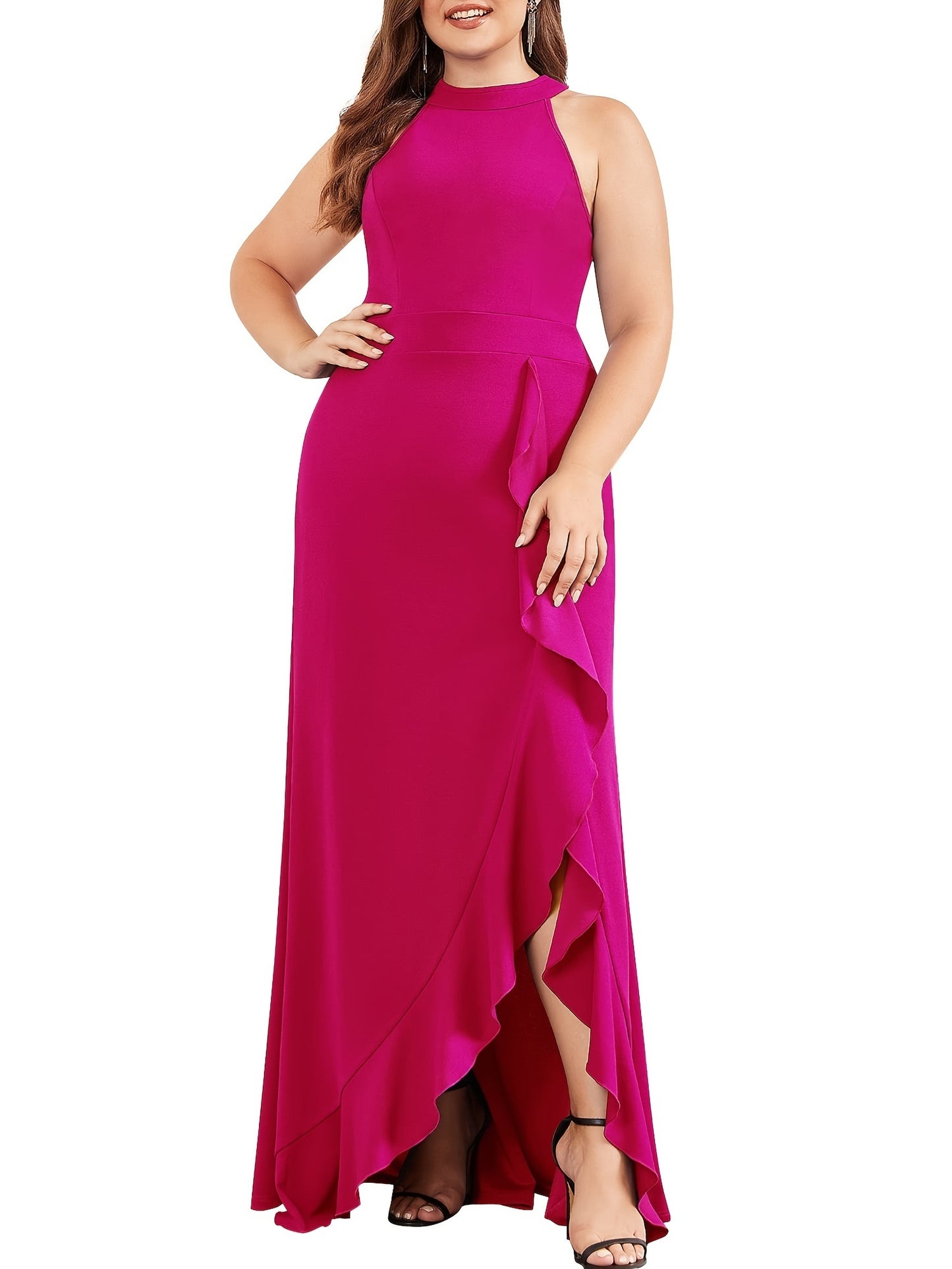 Plus Size Solid Ruffle Trim Split Hem Halter Neck Dress; Women's Plus Party; Events Elegant Maxi Prom Dress