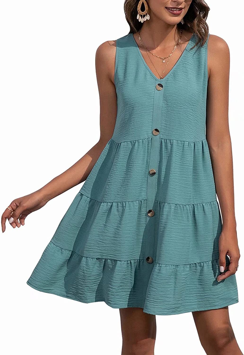 Kotiera Women's Summer Sleeveless V Neck Button Down Casual Swing Tunic Dress