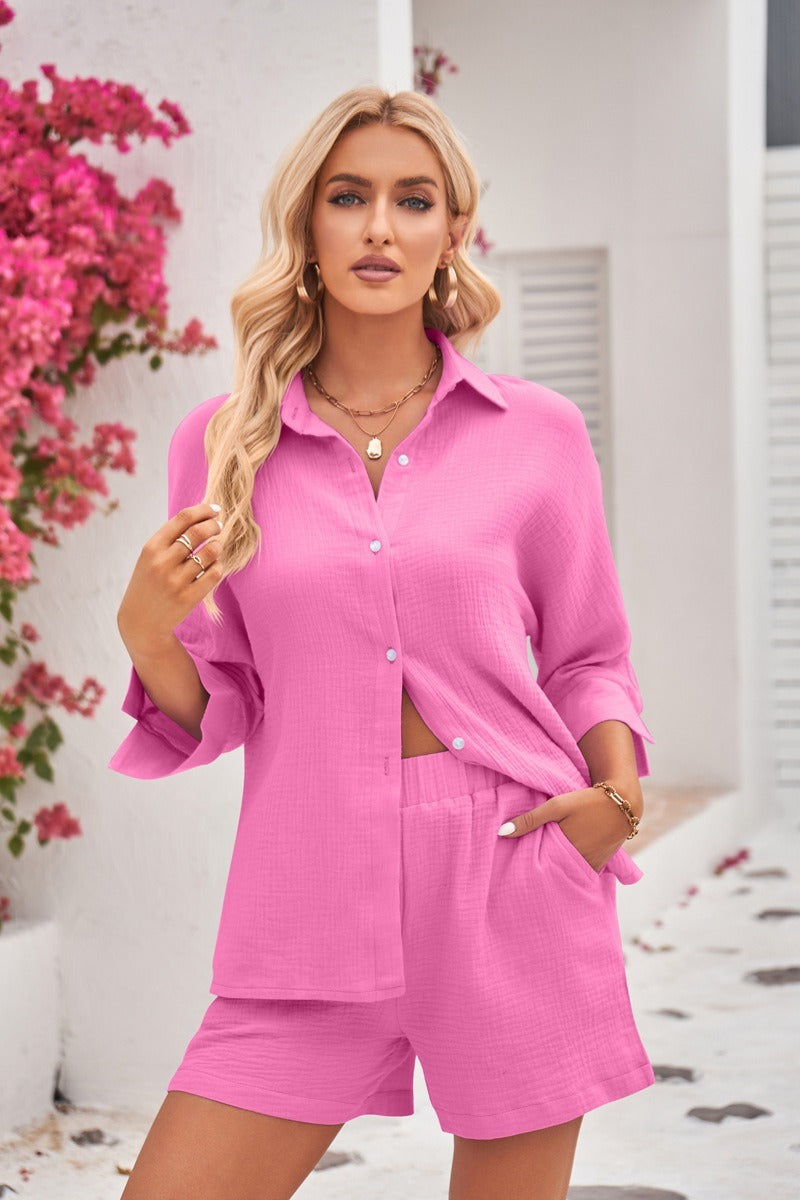 Women's 2 Piece Shirt Casual Tracksuit Outfit Sets Long Sleeve Shirt And Loose High Waisted Mini Shorts Set