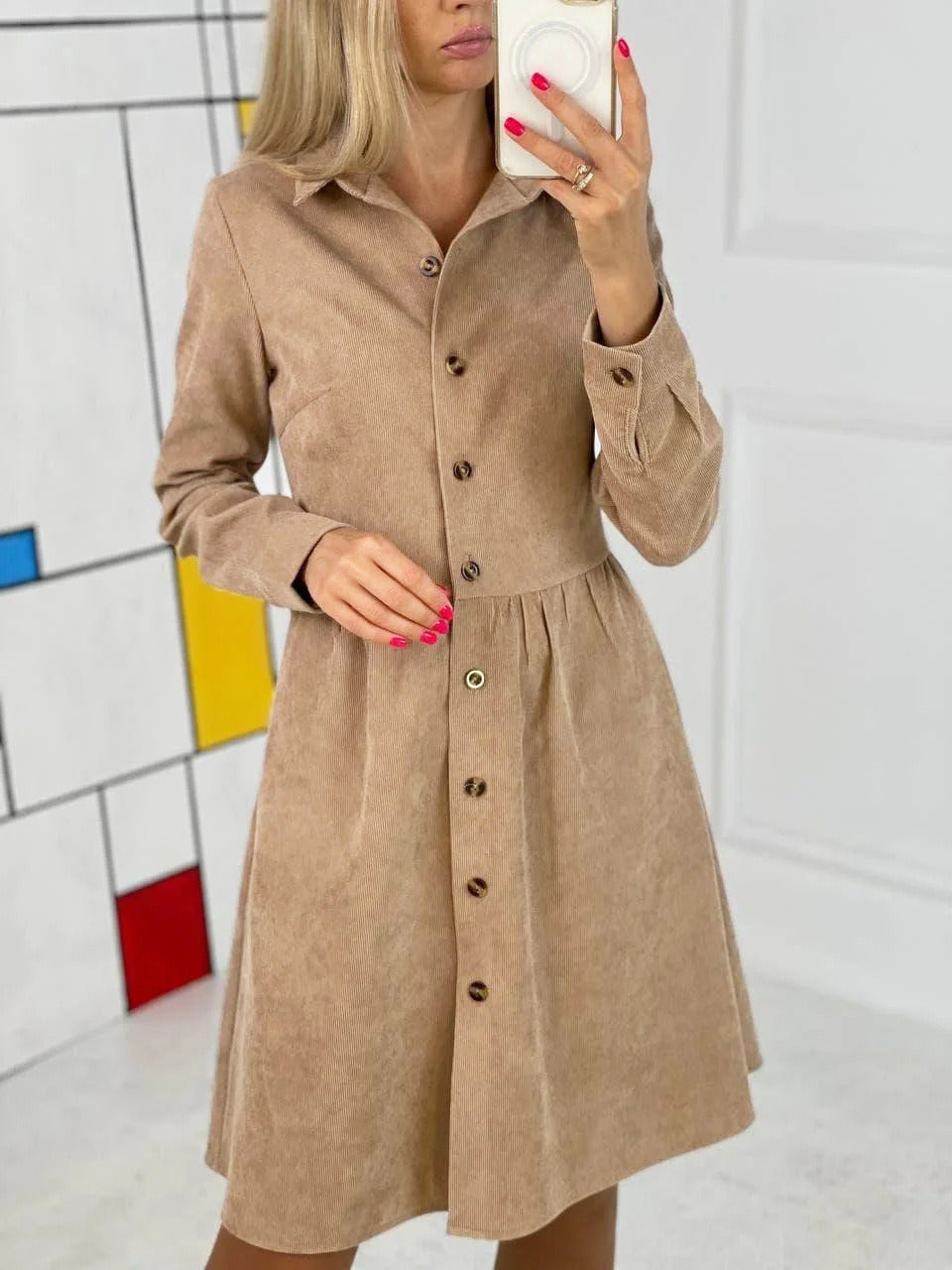 Fall/winter Long-sleeved Single-breasted Shirt Corduroy Dress Long Skirt