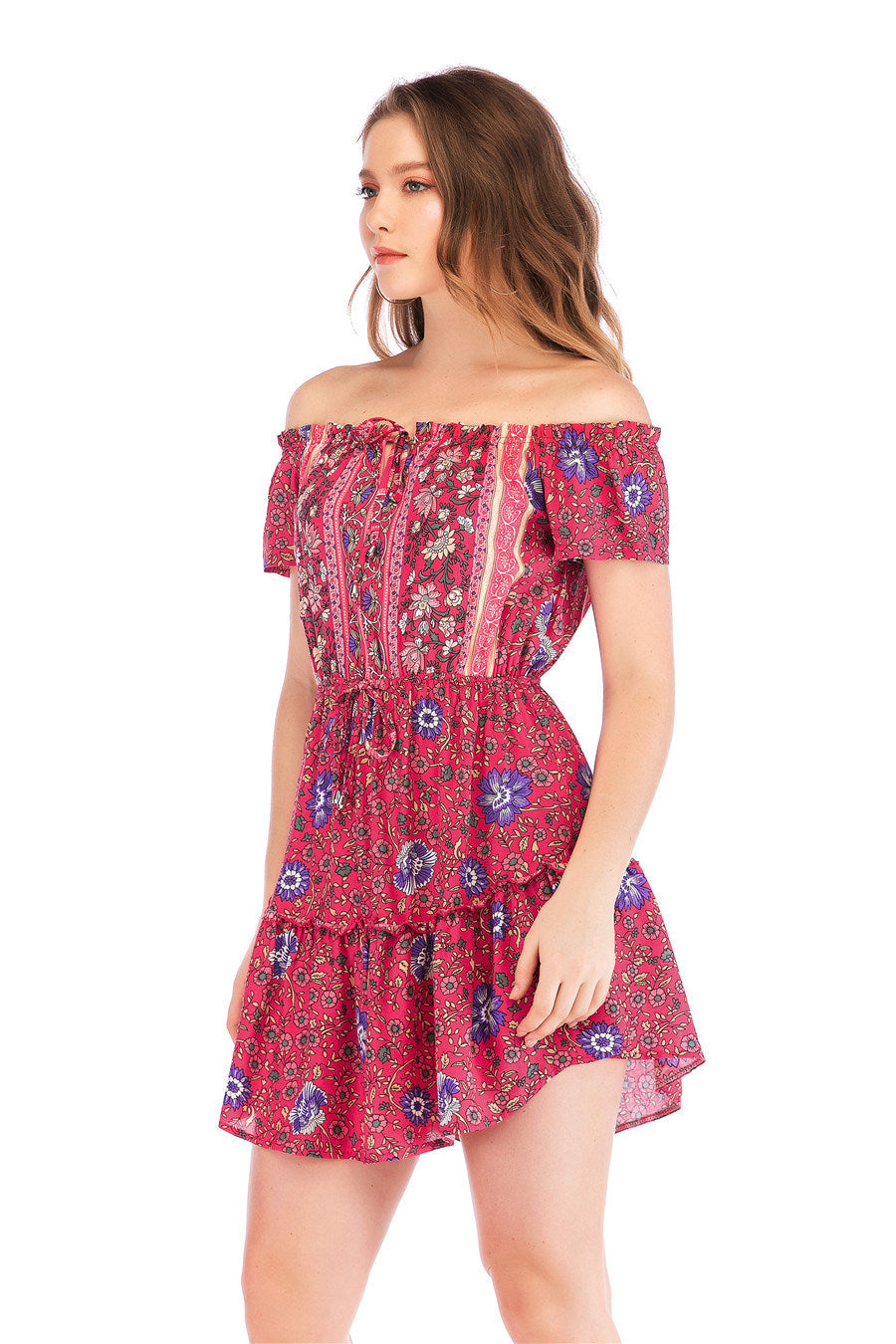 new women's one-neck print off-the-shoulder lace dress