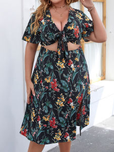 Summer Plus Size L-4XL Mid Floral Dress Beach Skirt Women Fashion Sexy Casual V-neck Slit Hem Hollow Waist Light Thin Breathable