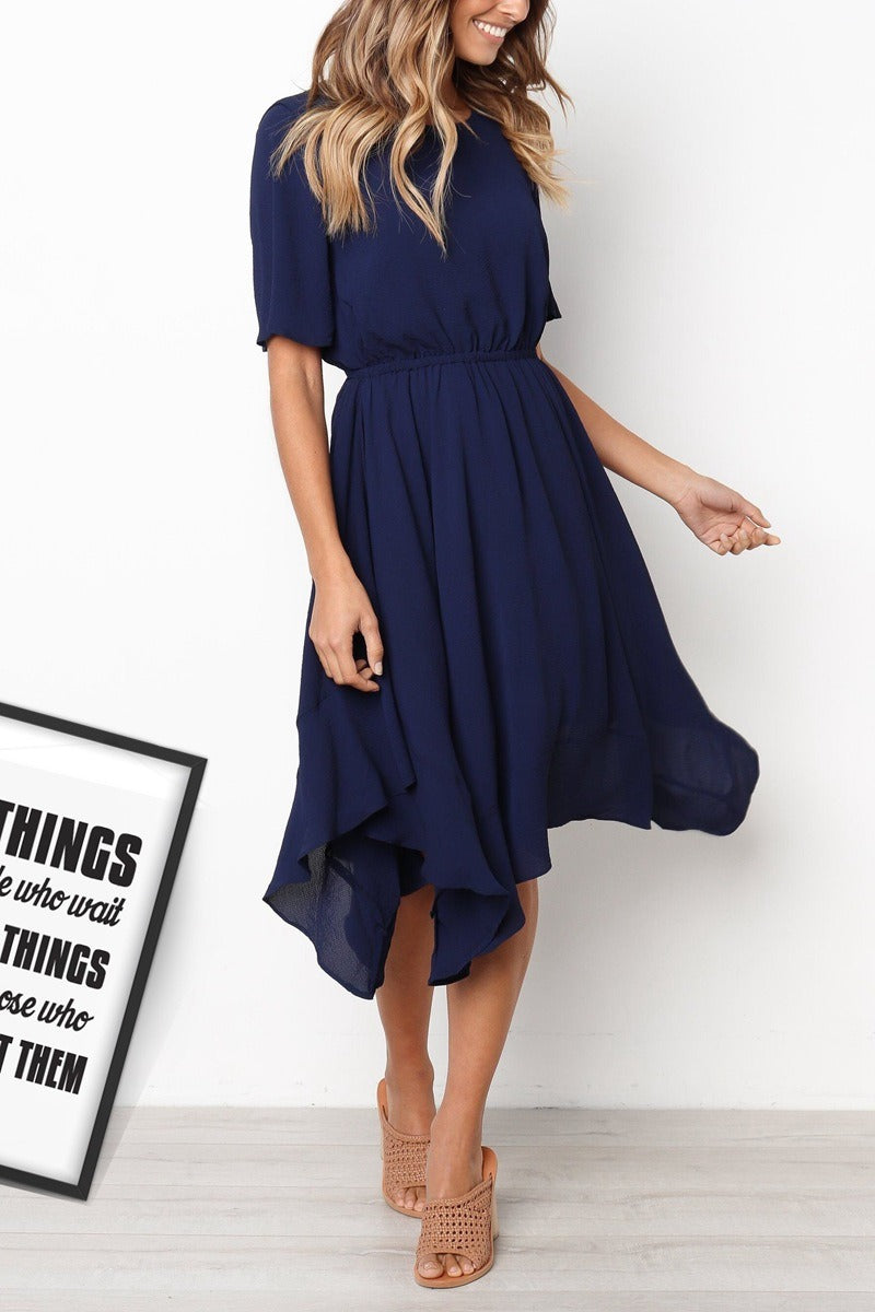 Solid Color Temperament Irregular Elastic Waist Round Neck Sleeve Dress