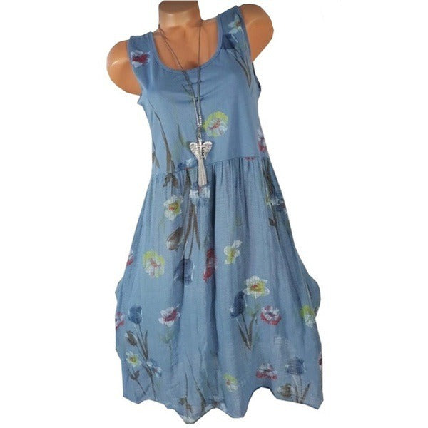 European and American new women's printed sleeveless casual fashion dress