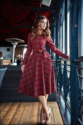 New Arrival Women Sexy Vintage Long Sleeve Plaid Cocktail Evening Party Long Dress