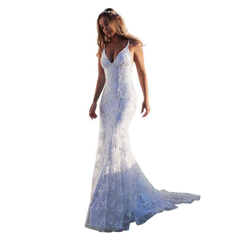 Summer Bridal Wedding Dress Deep V-neck Sleeveless Backless Bandage Sling Lace Dresses