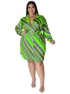 Plus Size Strip Print Lapel Collar Belted Mini Dress; Women's Plus Elegant Shirt Dress