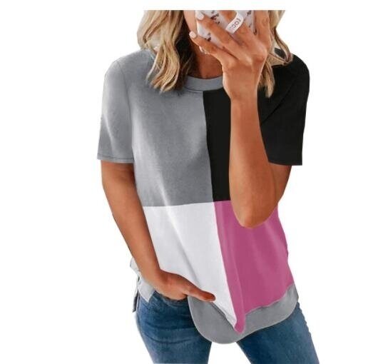 Color Block Short Sleeve T Shirt Round Neck Tunic