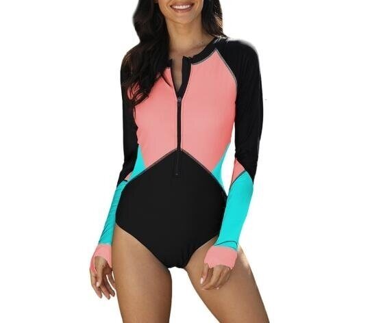 Womens Long Sleeve Shirt Color Block Print Tankini Swimsuit