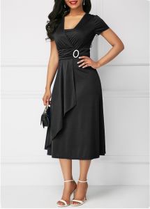 Summer Sexy Asymmetrical Large Swing V-neck Women's High Waist Midi Dress Solid Color Evening Dress