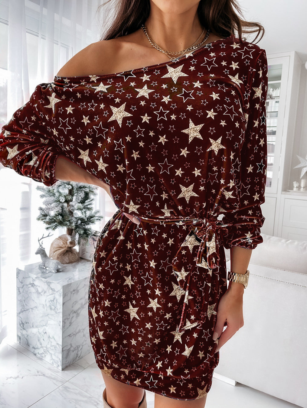 Christmas Spring New Women's Dress Casual Printing Star Tie Dress