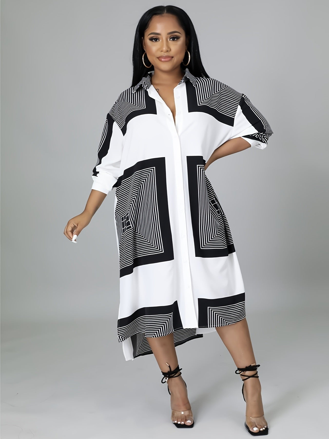 Plus Size Colorblock Geometric Print Shirt Dress; Women's Plus Turn Down Collar Shirt Dress