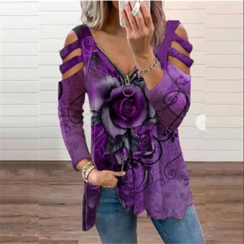 Women's New Style V-neck Zipper Rose Flower Print Casual T-shirt Top