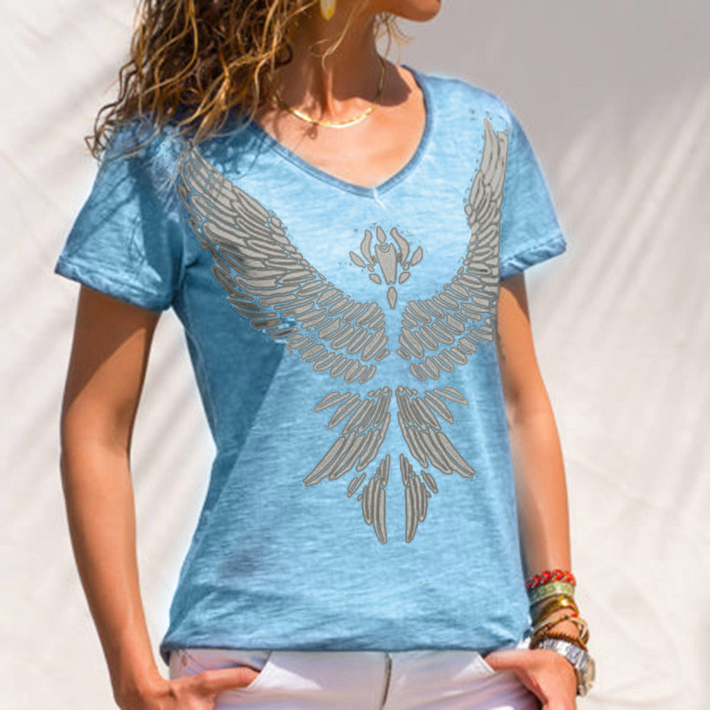 European and American new women's feather print round neck short-sleeved T-shirt