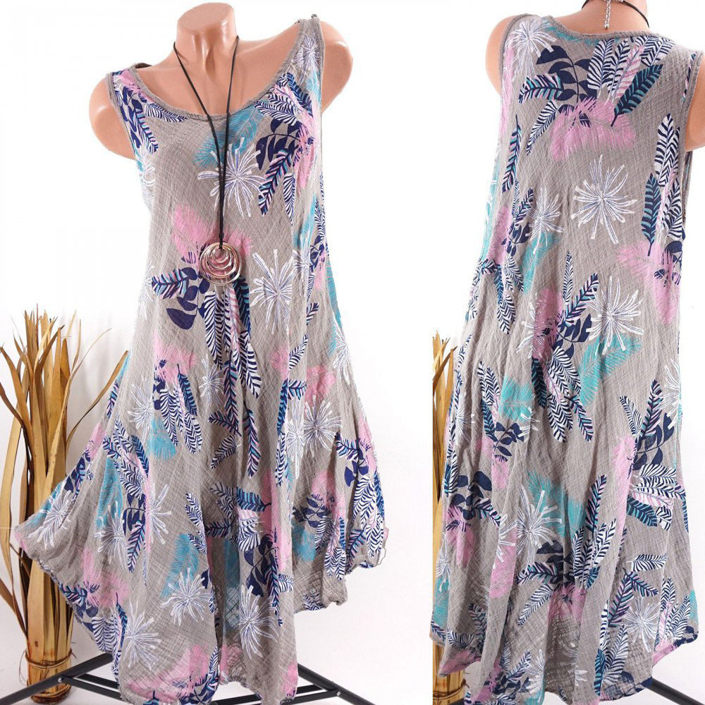 European and American women's summer new round neck print sleeveless dress