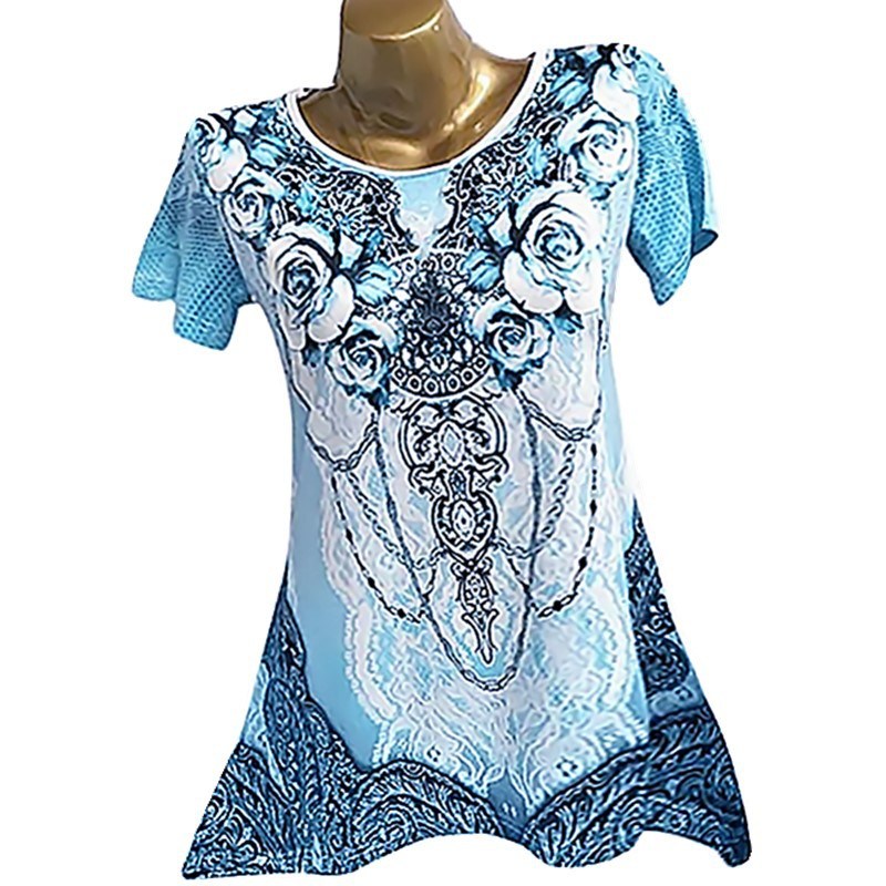 new women's large size irregular shirt printed short-sleeved T-shirt