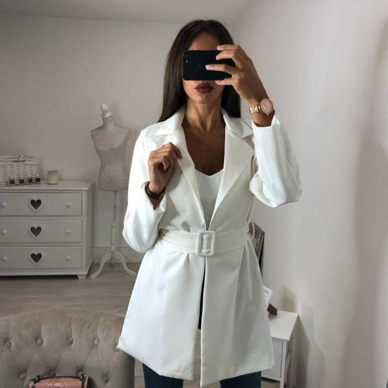 Women Fashion Simple OL Lapel Small Suit Long Sleeved Jacket with Belt