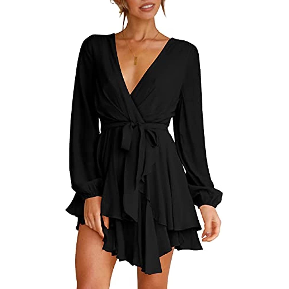 Women's Dress Deep V-Neck Long Sleeve Waist Tie Ruffle Mini Swing Skater Dresses