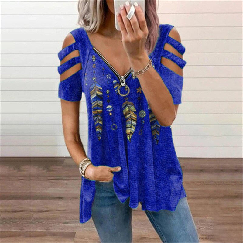 Women's new T-shirt V-neck zipper pullover printed short-sleeved loose T-shirt tops