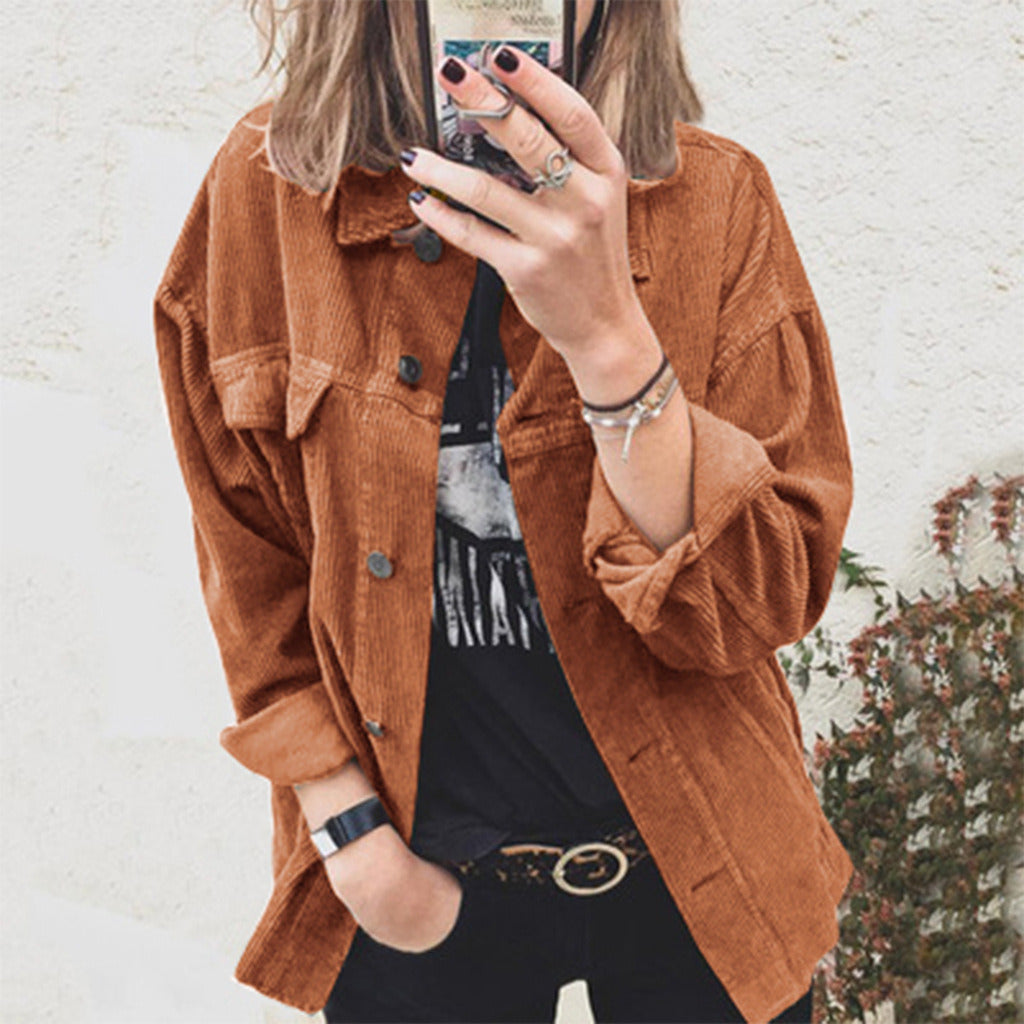 Women's Corduroy Solid Color Buttoned Casual Loose Long Sleeved Shirt