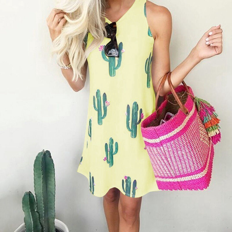 Women's Cactus Print Round Neck Sleeveless Tank Dress