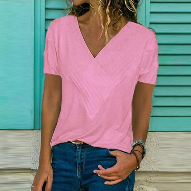 Spring and Summer New Hot Sale Slim Stitching V-neck Short-sleeved Solid Color T-shirt Female