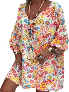 Plus Size Floral Print Long Sleeve V Neck Dress; Plus Size Slight Stretch Dress; Dress Women