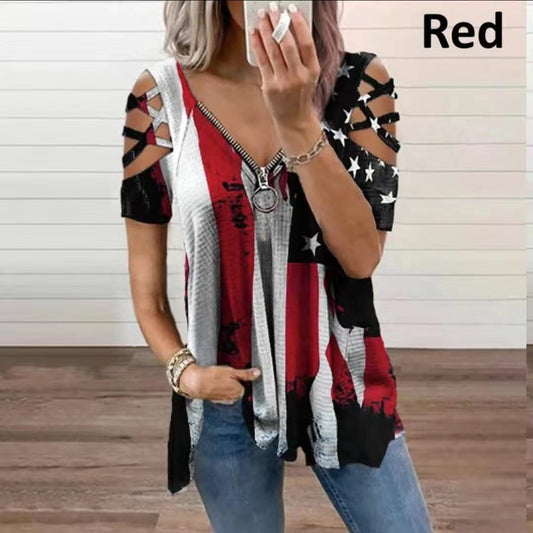 Sexy Summer Women's Clothing Rose Print Zipper Short Sleeve Shirt Loose V Neck Elegant Hollow Out T Shirt Fashion Pullover Tops