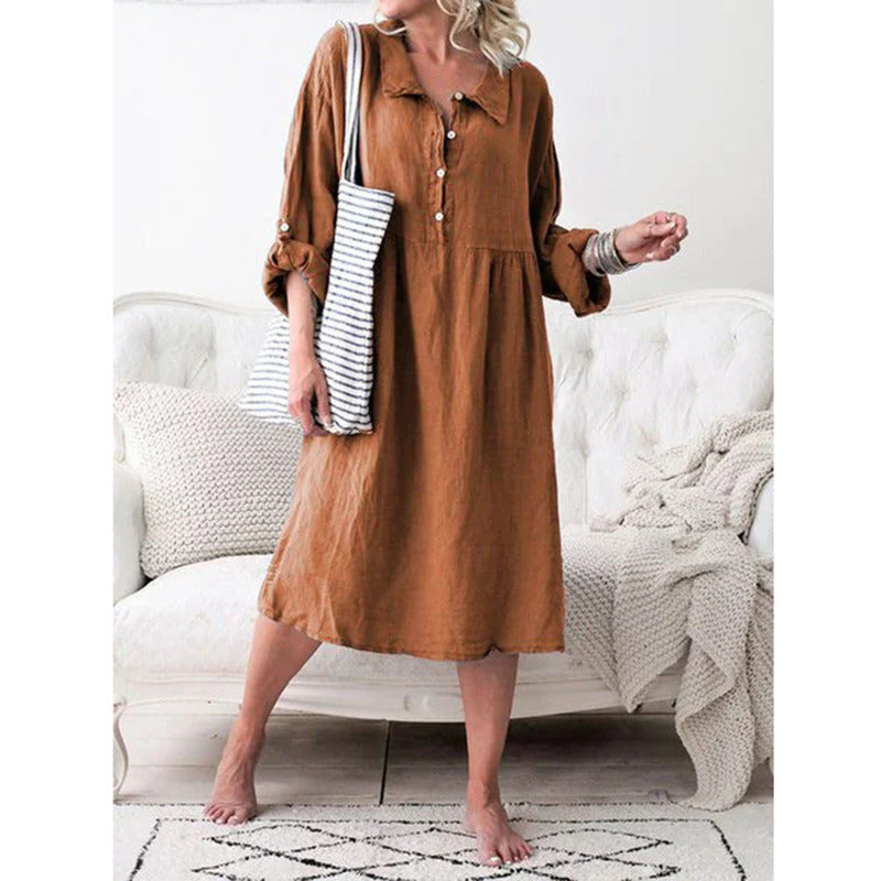 New Women's Solid Color Loose Button Mid-length Dress