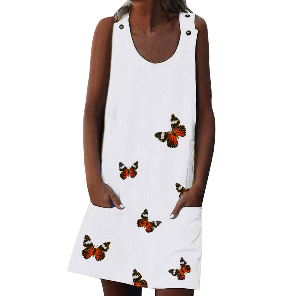 Europe and the United States summer new women's pocket button decoration butterfly print sleeveless vest dress