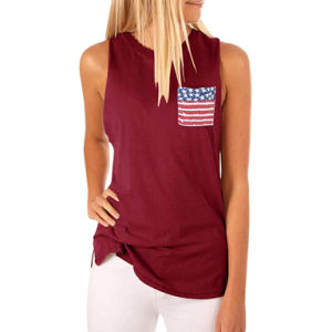 New Women's Round Neck Vest Pocket Star Flag Print Sexy Sleeveless T-shirt