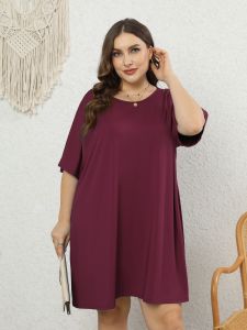 Plus Size Elegant Dress; Women's Plus Solid Round Neck Short Sleeve Knee Length Tee Dress